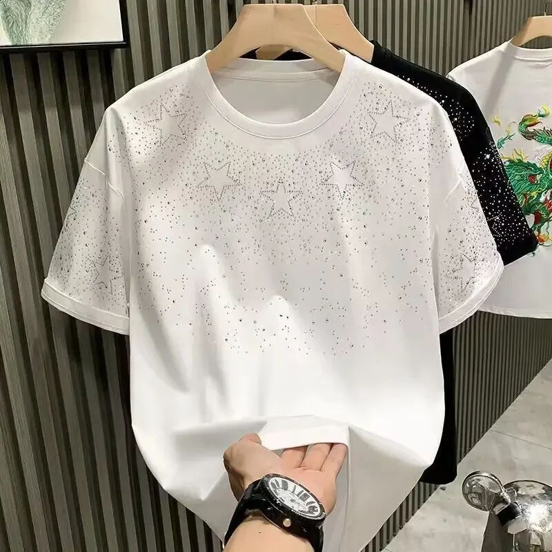 Summer Rhinestone Rivet T-shirt for Men Clothing Round Neck Casual T-shirt Fashion High Street Mens Summer Short Sleeves 250121