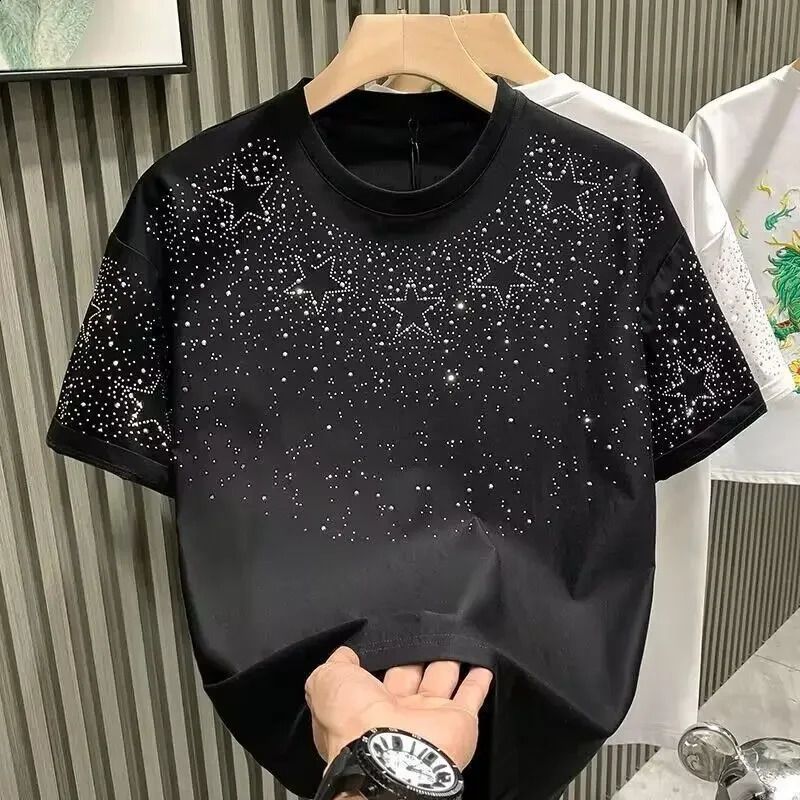 Summer Rhinestone Rivet T-shirt for Men Clothing Round Neck Casual T-shirt Fashion High Street Mens Summer Short Sleeves 250121