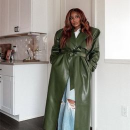Street Pu Leather Women Long Coat Y2K Solid Belt Lapel Pocket Full Sleeve Female Jacket Autumn Winter Lady Outwear 260625CJ