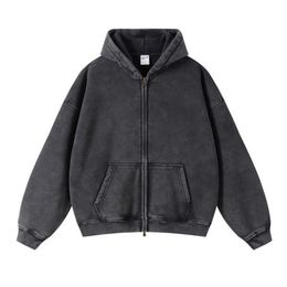 Spring Autumn Fahsion Mens Casual Trendy Loose Solid Color Waxed Hooded Hoodies American Zipper Washed Vintage Coat Male 260625CJ