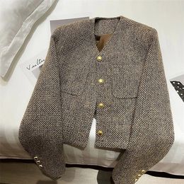 Vintage Cropped Tweed Jacket Women Elegant Short Blazer Autumn Korean Single-Breasted All Match Casual Chic Outerwear Tops 260625CJ