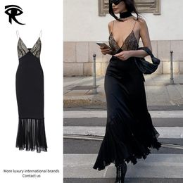New Women's Spliced Lace Spaghetti Strap Wrap Bust Socialite Sexy Slim Mesh Hem Satin Dress Urban Sexy Dresses Original Fashion Designer Factory Direct Wholesale
