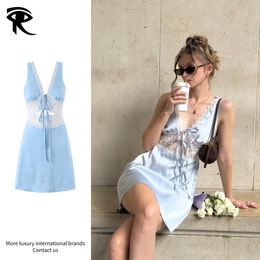 French High-End Satin Lace Spliced Sleeveless Deep V-neck Tie Backless Waist-cinched A-line Mini Dress For Women Sexy It Girl Original Fashion Designer Dress Wholesale