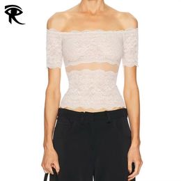 2026 New French Luxury Lace Trim Off-The-Shoulder T-Shirt, Y2K Rich Girl Aesthetic Cut-Out Slim Fit Bandeau Style Short Sleeve Top Wholesale