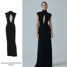 Italian Luxury Socialite Banquet Evening Dress Women Mandarin Collar Chest Cutout High Slit Floor-Length Events Designer Celebrity Dresses Wholesale