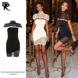 2026 Spring Summer New Lace Shawl Bodycon Dress Set, Stand Collar Shrug Tube Top Slim Fit Dress Sexy Two Piece Coquette Designer Outfit Wholesale