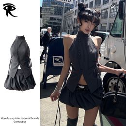 2026 Y2K Pinstripe Suit Halter Vest and Bubble Mini Skirt Set, Office Siren Grey Sleeveless Crop Top Balloon Skirt 2 Piece Matching Outfits Wholesale