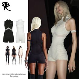 Futuristic Cyberpunk Sleeveless Mock Neck Bodysuit Future Tech Urban Mesh Cutout Contour Slim Fit Romper, Techwear Activewear Playsuit Designer Romper Wholesale