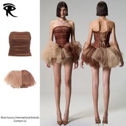 2026 Balletcore Two-Piece Set Strapless Draped Corset Asymmetrical Dual-Color Tulle Tutu Skirt Co-ord, Earthy Fairycore Designer Set Wholesale