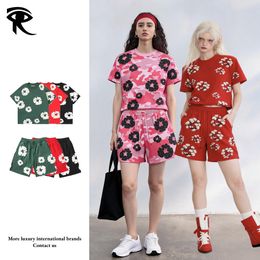 European American Street Luxury Trendy Kapok Flower Print T-shirt Unisex Casual Shorts Set Street Hip Hop Pure Cotton Original Designer Factory Direct Wholesale