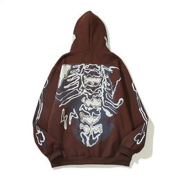 Winter Skeleton Print Fleece Brown Zip Up Hoodie Men Hip Hop Pullover Cotton Punk Zipper Hooded Sweatshirt Sudaderas Hombre 260625