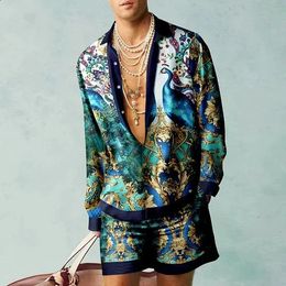 Shirt 2Pcs Set 3D Print Men Casual Fashion Shorts Long Sleeves Shirts Oversized Summer Streetwear Suits Peacock Pattern 240729