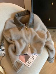 Spliced Leather Collar Knit Sweater Fashion Double Zipper Cardigan Womens AutumnWinter Soft Vintage Long Sleeve Streetwear 241028