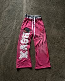 Pink Double Layer Sweatpants Y2K Mens Womens Gothic Hip Hop Letter Patch Retro Baggy Pants Casual Elastic Waist Jogging Pants 250822