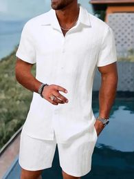 2025 Summer Mens casual daily outdoor travel solid color jacquard lapel short-sleeved Shirt drawstring Shorts two-piece Set 250519