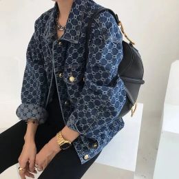 Women Vintage Loose Long Sleeve Print Cotton Jean Jackets Spring Fall Female Casual Blue Denim Jacket Coats Streetwear Outwear
