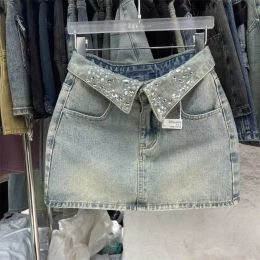 Cool collar Rhine shorts womens jeans skirt 2025 summer new hot girl high waist light blue denim A-Line skiing