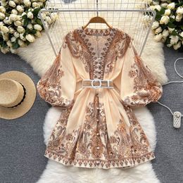 Basic Casual Dresses AELEWELL Women Dresses Spring Runway Fashion Paisley Print Vintage Dress V Neck Long Lantern Sleeve Belted Mini Dress