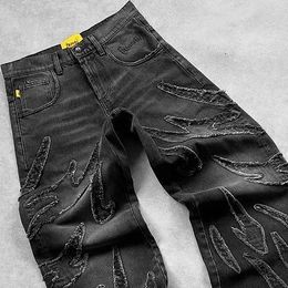 Y2K Harajuku Retro Graphic Patch Jeans Hip Hop Gothic Raw Edge Embroidery Black Baggy Jeans Wide Leg Denim Pants Mens Womens 250929