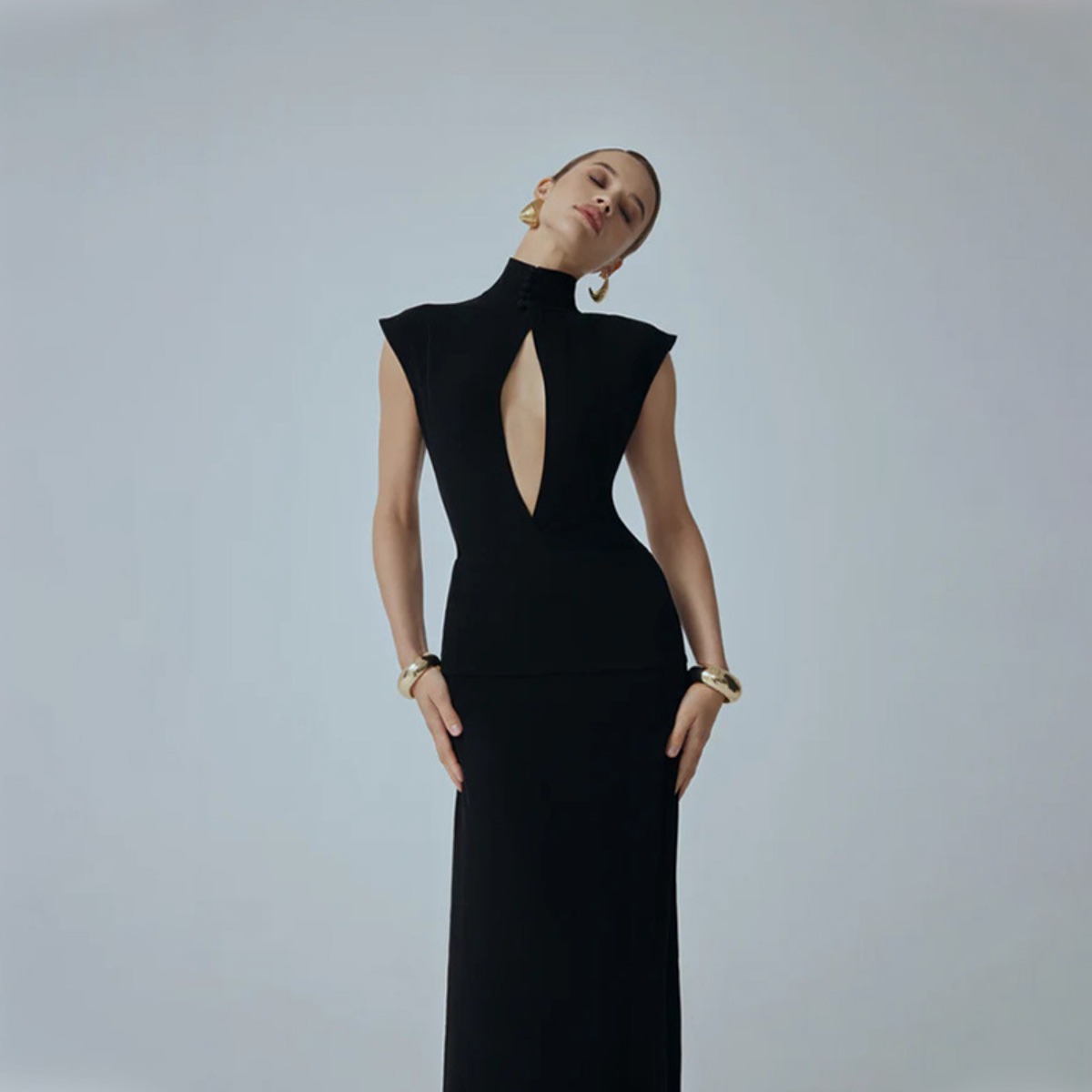 Italian Luxury Socialite Banquet Evening Dress Women Mandarin Collar Chest Cutout High Slit Floor-Length Events Designer Celebrity Dresses Wholesale