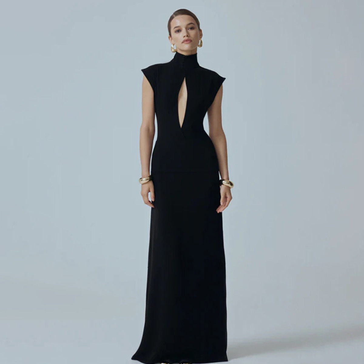 Italian Luxury Socialite Banquet Evening Dress Women Mandarin Collar Chest Cutout High Slit Floor-Length Events Designer Celebrity Dresses Wholesale