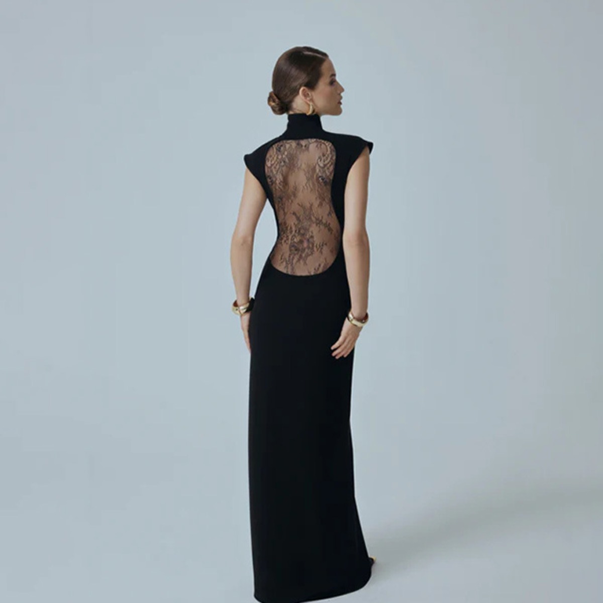 Italian Luxury Socialite Banquet Evening Dress Women Mandarin Collar Chest Cutout High Slit Floor-Length Events Designer Celebrity Dresses Wholesale