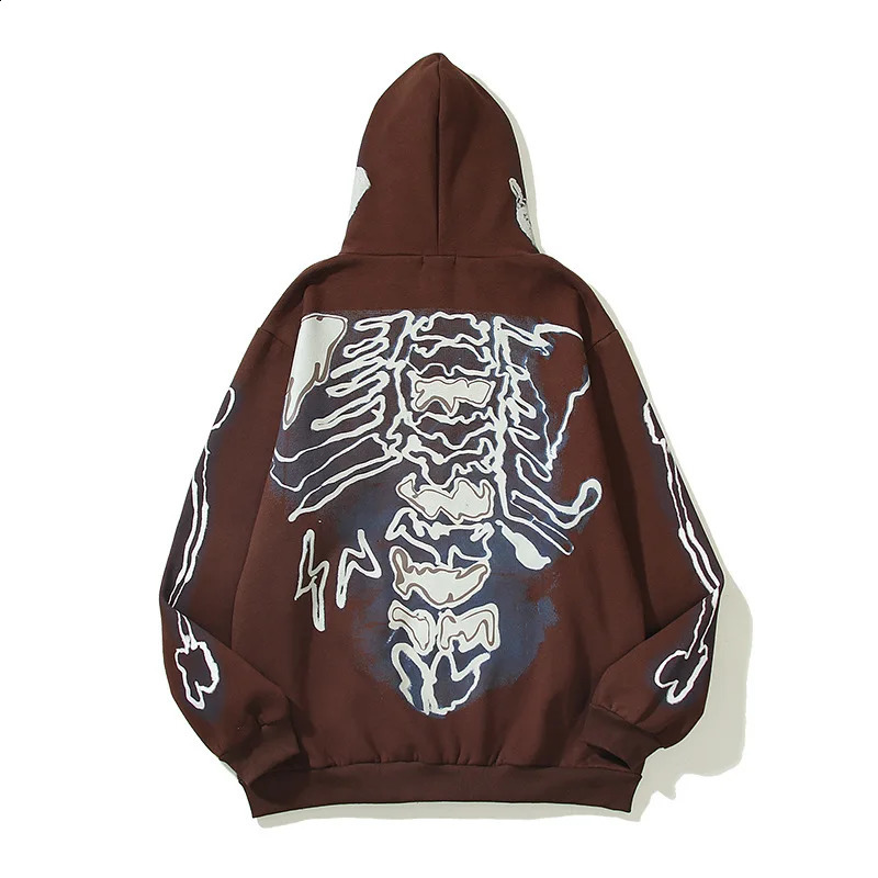 Winter Skeleton Print Fleece Brown Zip Up Hoodie Men Hip Hop Pullover Cotton Punk Zipper Hooded Sweatshirt Sudaderas Hombre 260625