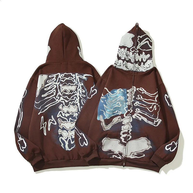 Winter Skeleton Print Fleece Brown Zip Up Hoodie Men Hip Hop Pullover Cotton Punk Zipper Hooded Sweatshirt Sudaderas Hombre 260625